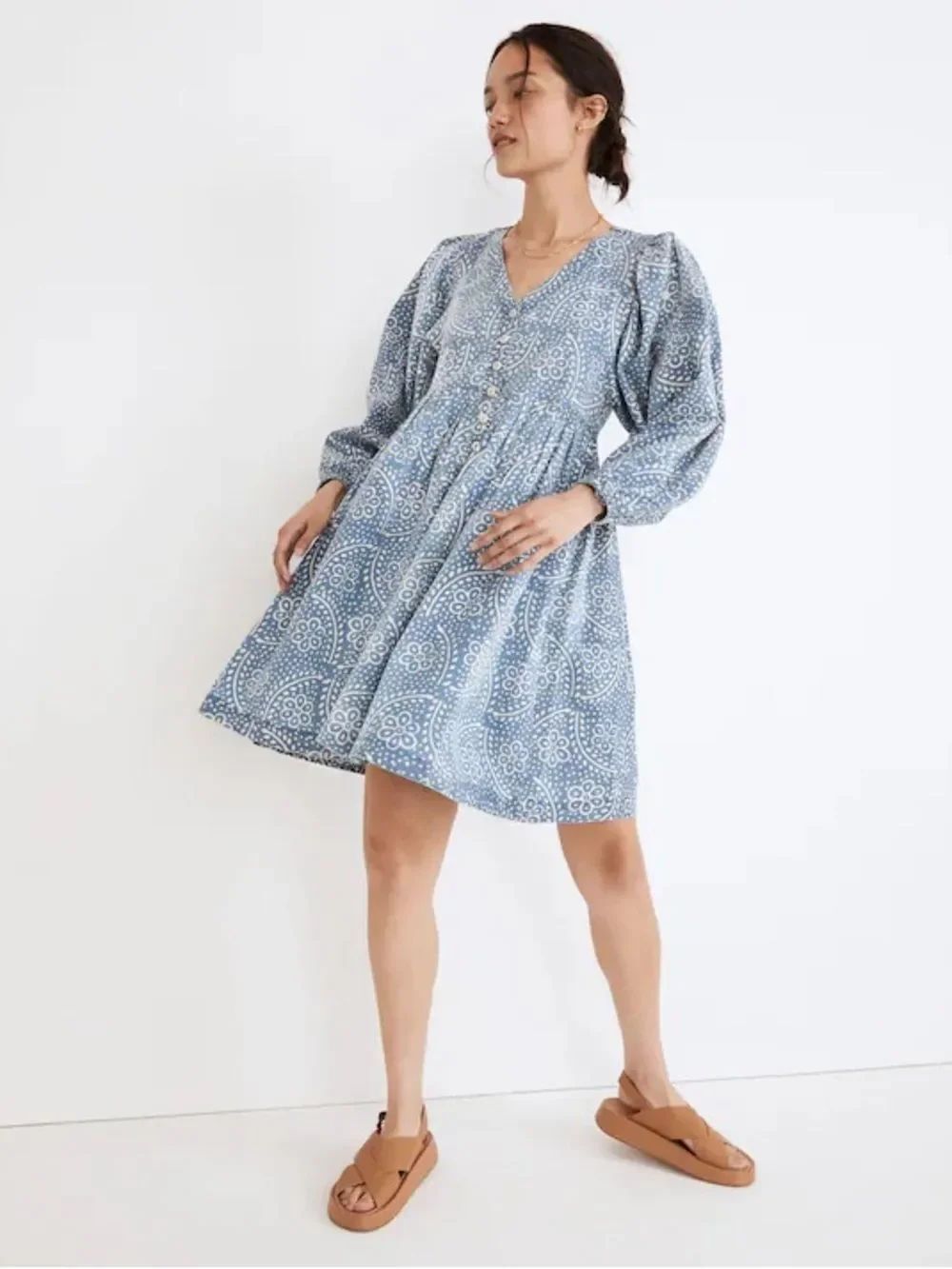 MADEWELL Sz L Bubble-Sleeve Button-Front Mini Dress in Indigo Paisley